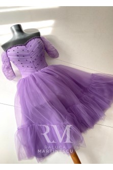 Rochie din tulle fin Lavander, cu perle aplicate manual